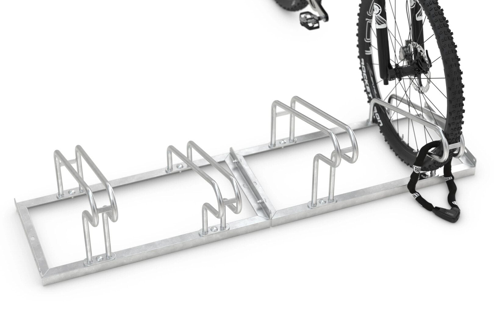 Fahrrad-Bügelparker, Rundrohr, Silber, Stahl, 12 Stellplätze, für extrabreite Fahrräder, höhenversetzt, Reihenverbindung, 415 x 2.340 x 687 mm (HxBxT)
