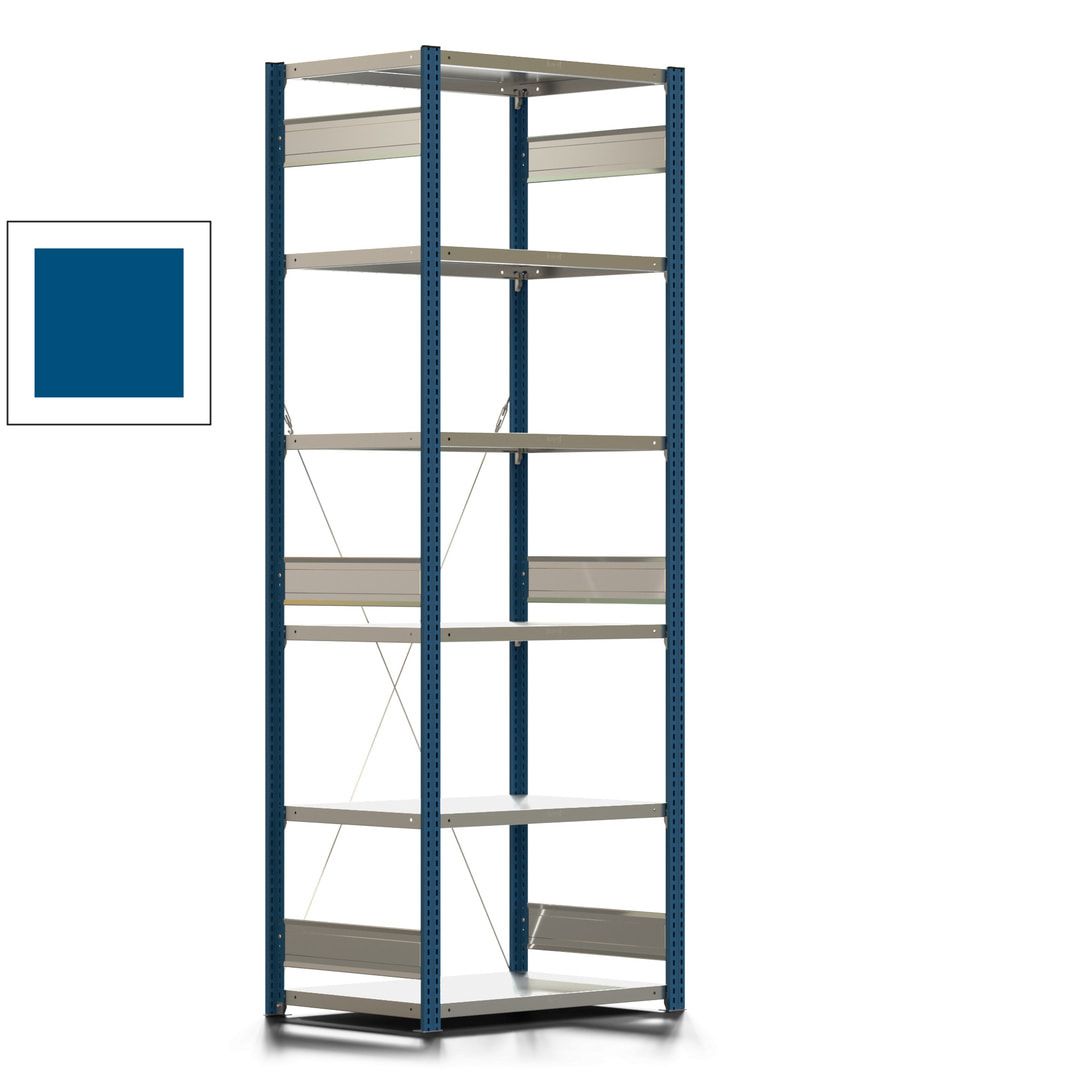 Fachbodenregal mit Tiefenriegel - 350 kg - 2.500 x 875 x 626 mm (HxBxT) - Anbauregal - 6 Böden - enzianblau - Lagerregal - Steckregal BERT
