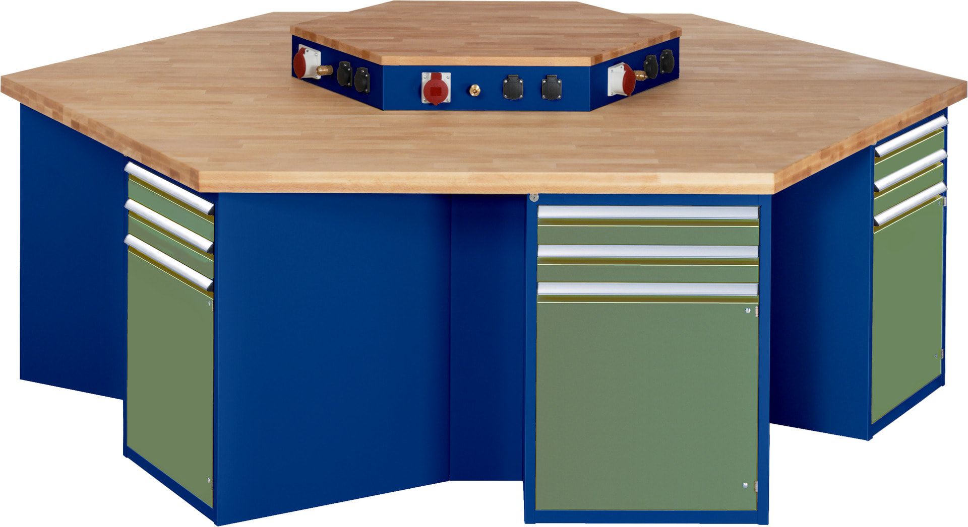Gruppenwerkbank, Buche, Höhe 840 mm, mit Energieaufsatz, Unterbau-Container, 2 Schubladen, 1 Tür, 1 Boden - Anthrazitgrau