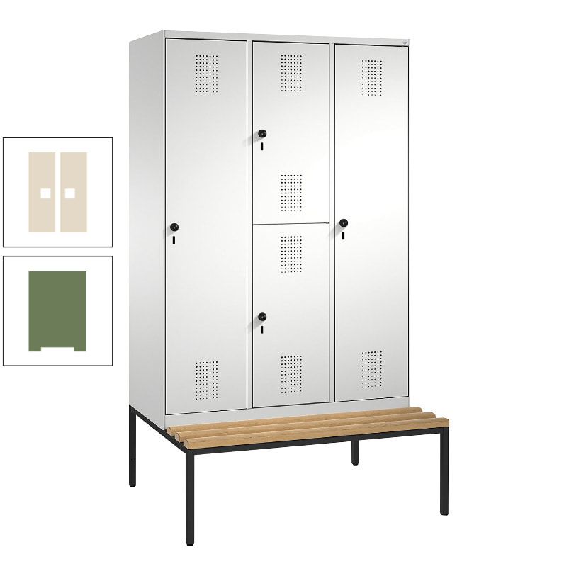 Garderobenschrank, Spind ein- und doppelstöckig Sitzbank, 3 Abteile, 4 Fächer, 2.090x1.200x500 mm (HxBxT), Front anthrazitgrau, Korpus anthrazitgrau