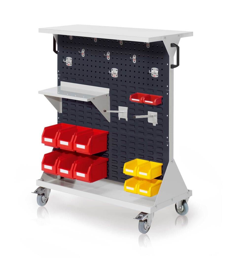 Mobiler Rollwagen, 2 Loch- und 4 Schlitzplatten, 12 Halter und 12 Sichtlagerkästen, Ablage- und Stahlboden, 1.270 x 1.000 x 500 mm (HxBxT), Enzianblau