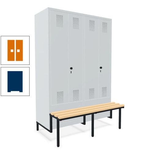Doppel-Spind, Garderobenschrank, Buche Sitzbank integriert, 4 Abteile 300 mm, Korpus anthrazitgrau, Tür anthrazitgrau, 1.850 x 1.200 x 815 mm (HxBxT)