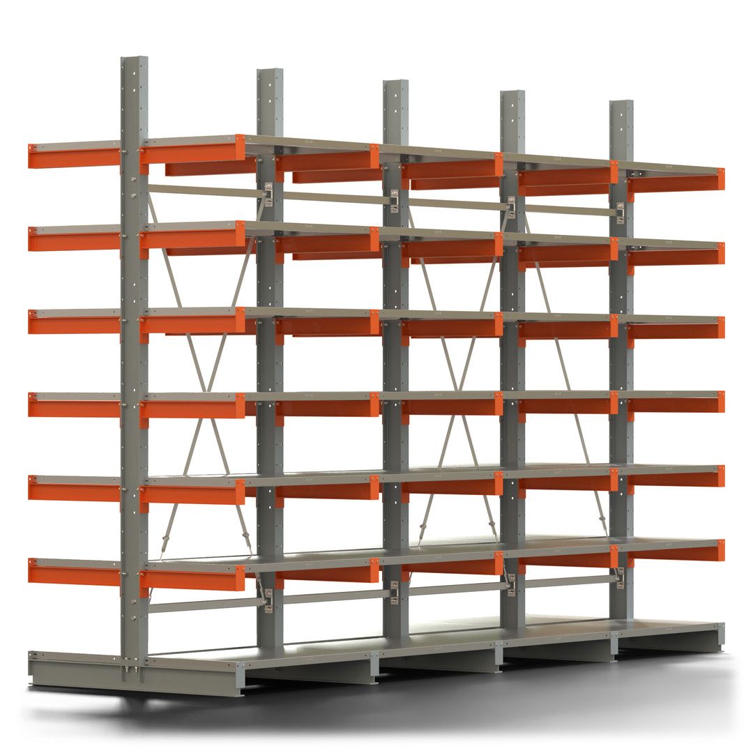 Doppelseitiges Kragarmregal mit Fachböden, 2 Felder, 3.000 x 2.000 (HxB), Nutztiefe 1.000 mm, Kragarmlast 450 kg, KARL basic, silbergrau/reinorange
