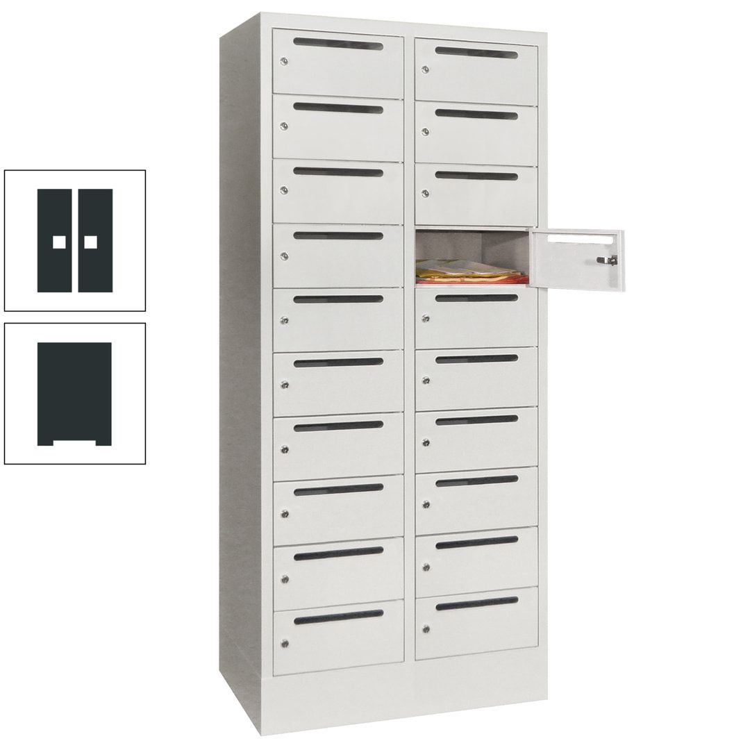 Postverteilerschrank, Schließfachschrank, 2 Abteile a 400 mm, 20 Fächer, 1.850 x 800 x 500 mm (HxBxT), Korpus anthrazitgrau, Front anthrazitgrau