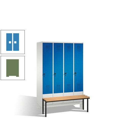 Stahl-Garderobenschrank, Spind, Buche Sitzbank vorgebaut, 4 Abteile a 300 mm, Korpus Lichtgrün, Tür Schwefelgelb, 1.850 x 1.200 x 815 mm (HxBxT)