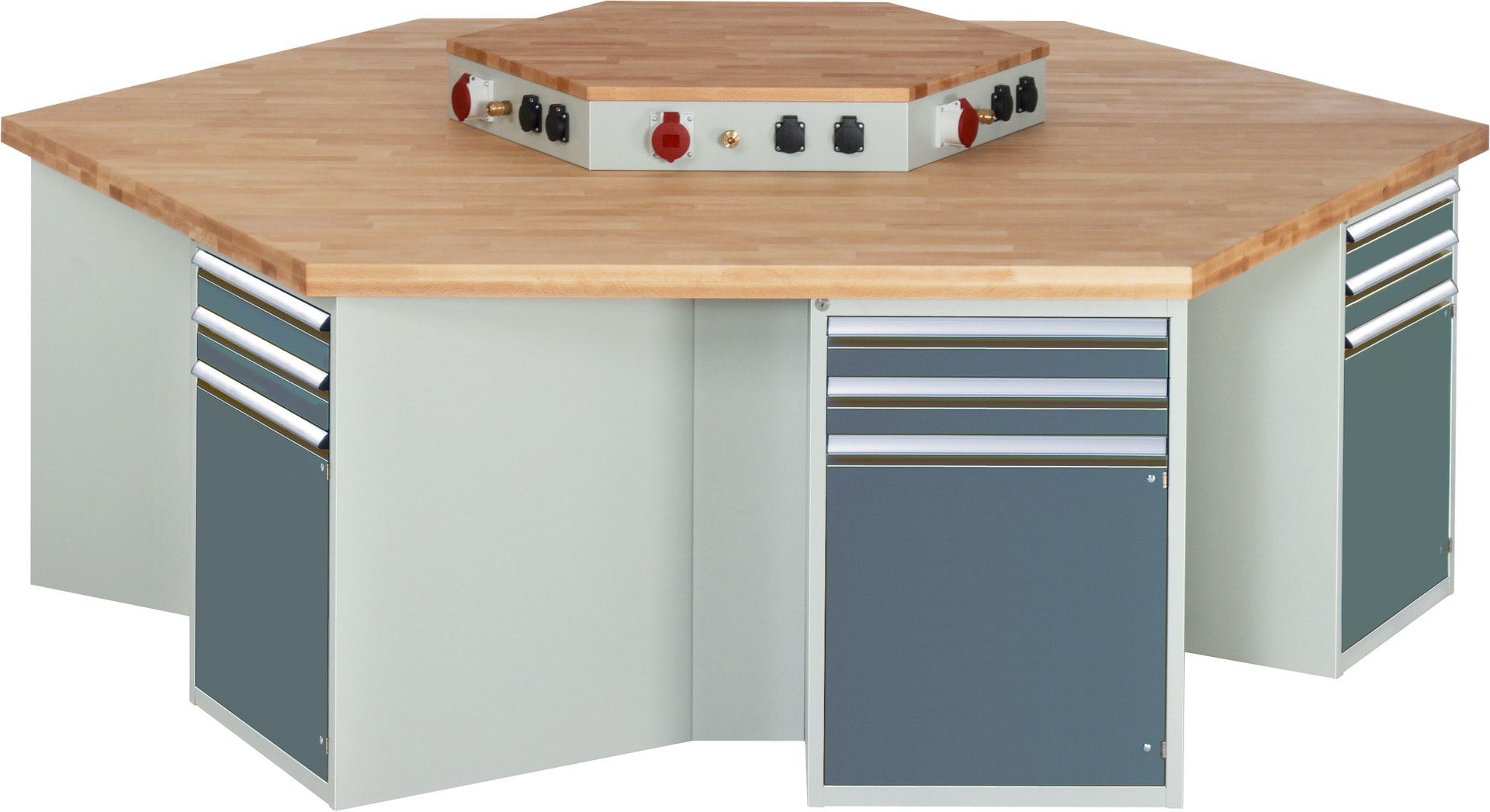 Gruppenwerkbank, Buche, Höhe 840 mm, mit Energieaufsatz, Unterbau-Container, 2 Schubladen, 1 Tür, 1 Boden - Anthrazitgrau