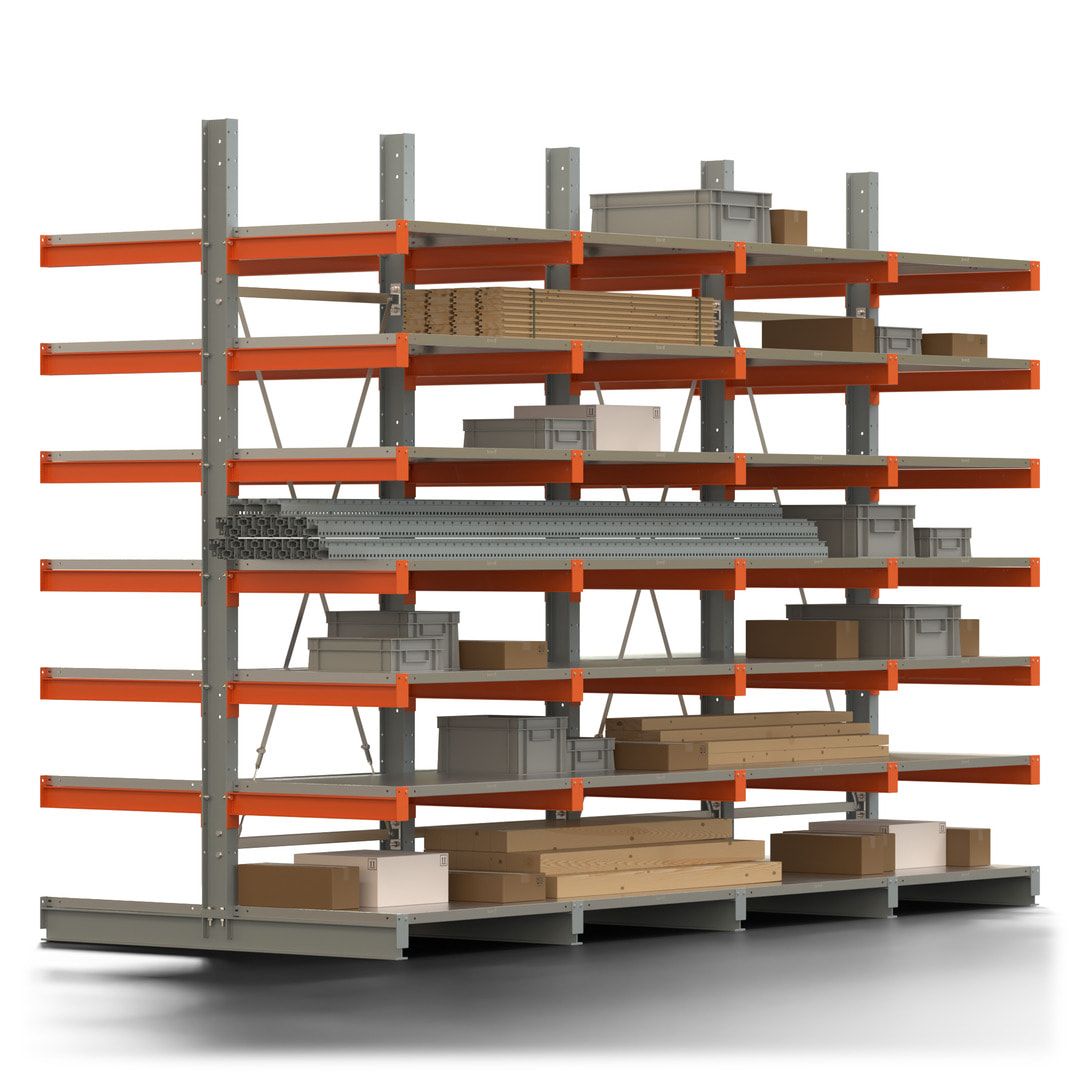 Doppelseitiges Kragarmregal mit Fachböden, 2 Felder, 3.000 x 2.000 (HxB), Nutztiefe 1.000 mm, Kragarmlast 450 kg, KARL basic, silbergrau/reinorange