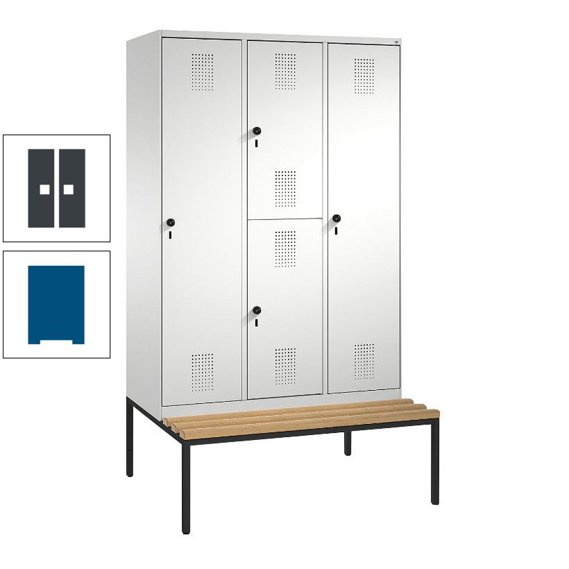 Garderobenschrank, Spind ein- und doppelstöckig Sitzbank, 3 Abteile, 4 Fächer, 2.090x1.200x500 mm (HxBxT), Front anthrazitgrau, Korpus anthrazitgrau