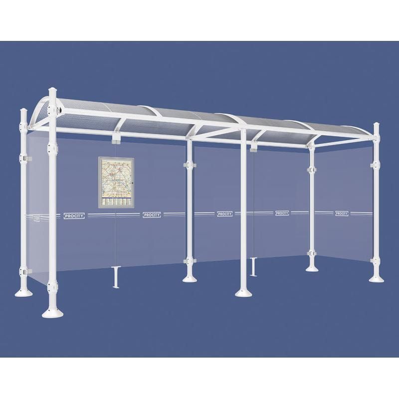 Buswartehalle, Unterstand, 2 Seitenwände, Kopf gebürsteter Edelstahl, ESG, Fahrplanschaukasten, 2.500 x 2.500 x 1.600 mm (HxBxT), Farbe enzianblau