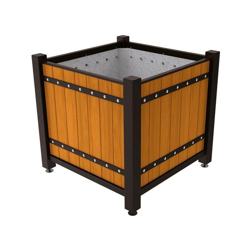Pflanzbehälter, Pflanzgefäß, verzinkt, Eichenholzverkleidung, innen feuerverzinkt mit Verladungsgriffen, 1.085 x 1.230 x 1.230 mm (HxBxT), enzianblau