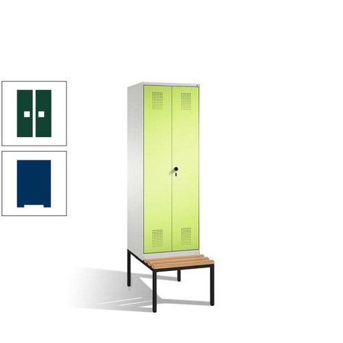 Doppel-Spind, Garderobenschrank, Buche Sitzbank untergebaut, 2 Abteile a 300 mm, Korpus anthrazitgrau, Tür anthrazitgrau, 2.090 x 600 x 815 mm (HxBxT)