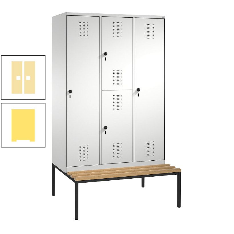 Garderobenschrank, Spind ein- und doppelstöckig Sitzbank, 3 Abteile, 4 Fächer, 2.090x1.200x500 mm (HxBxT), Front anthrazitgrau, Korpus anthrazitgrau