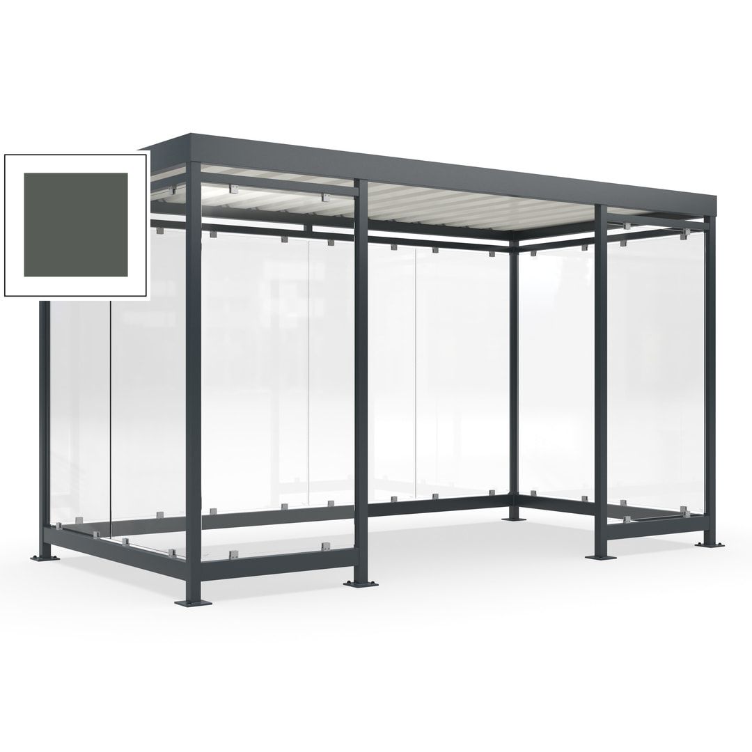 Fahrgastunterstand, Raucherunterstand, fertig montiert, Aufdübeln, 12-13 Personen, 2.510 x 4.195 x 2.165 mm (HxBxT), 10 Wände, Achatgrau