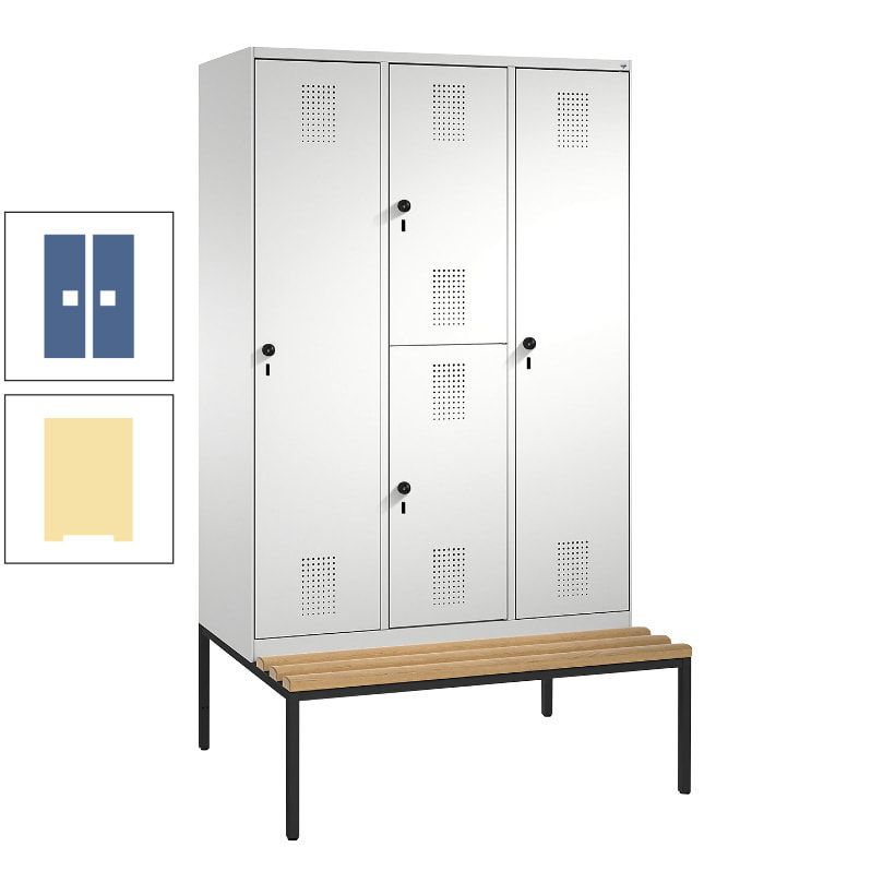 Garderobenschrank, Spind ein- und doppelstöckig Sitzbank, 3 Abteile, 4 Fächer, 2.090x1.200x500 mm (HxBxT), Front anthrazitgrau, Korpus anthrazitgrau