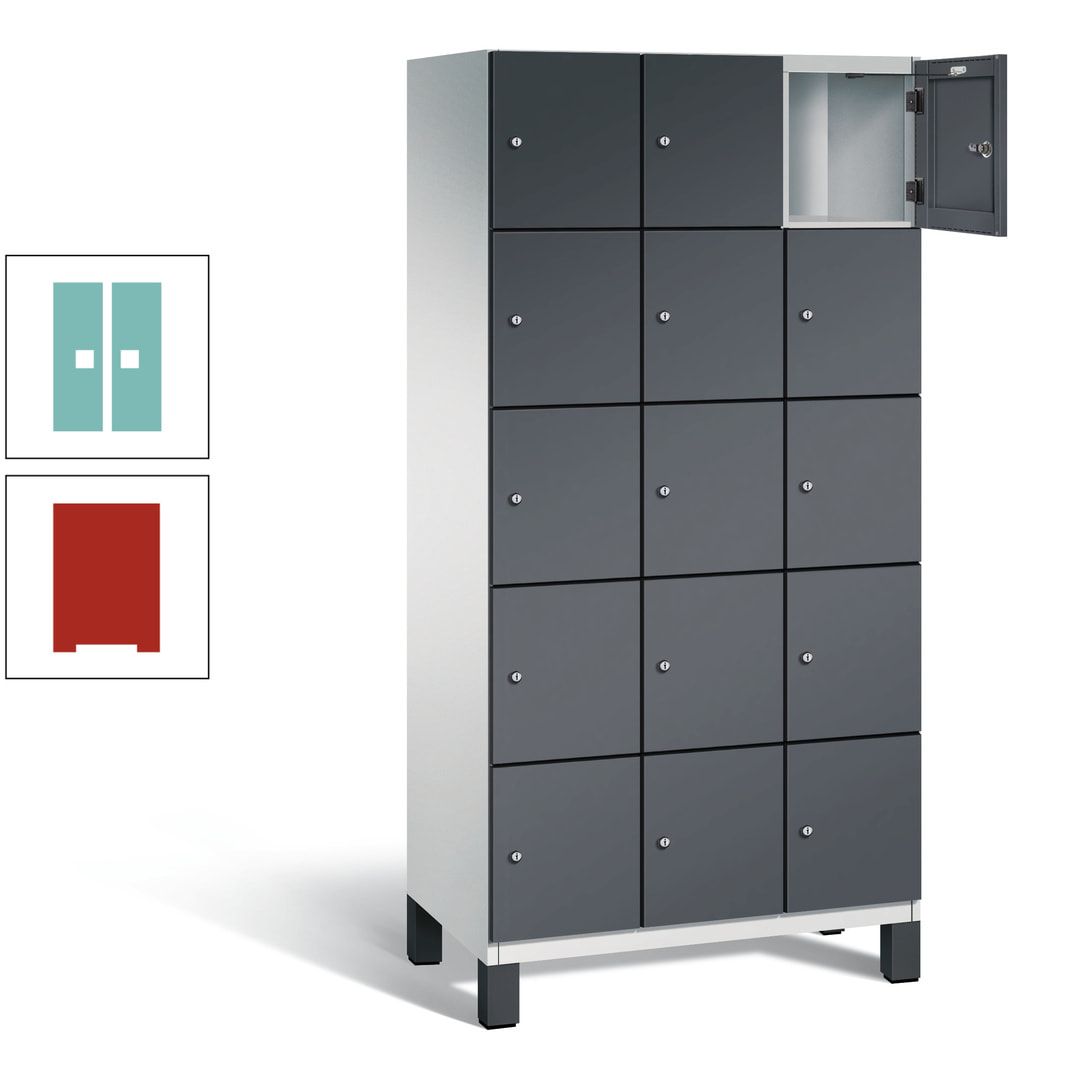 Fächerschrank, Stahlschrank, 15 Fächer, Türöffnungsbegrenzer, Füße, 1.980 x 900 x 525 mm (HxBxT), Korpus anthrazitgrau, Front anthrazitgrau