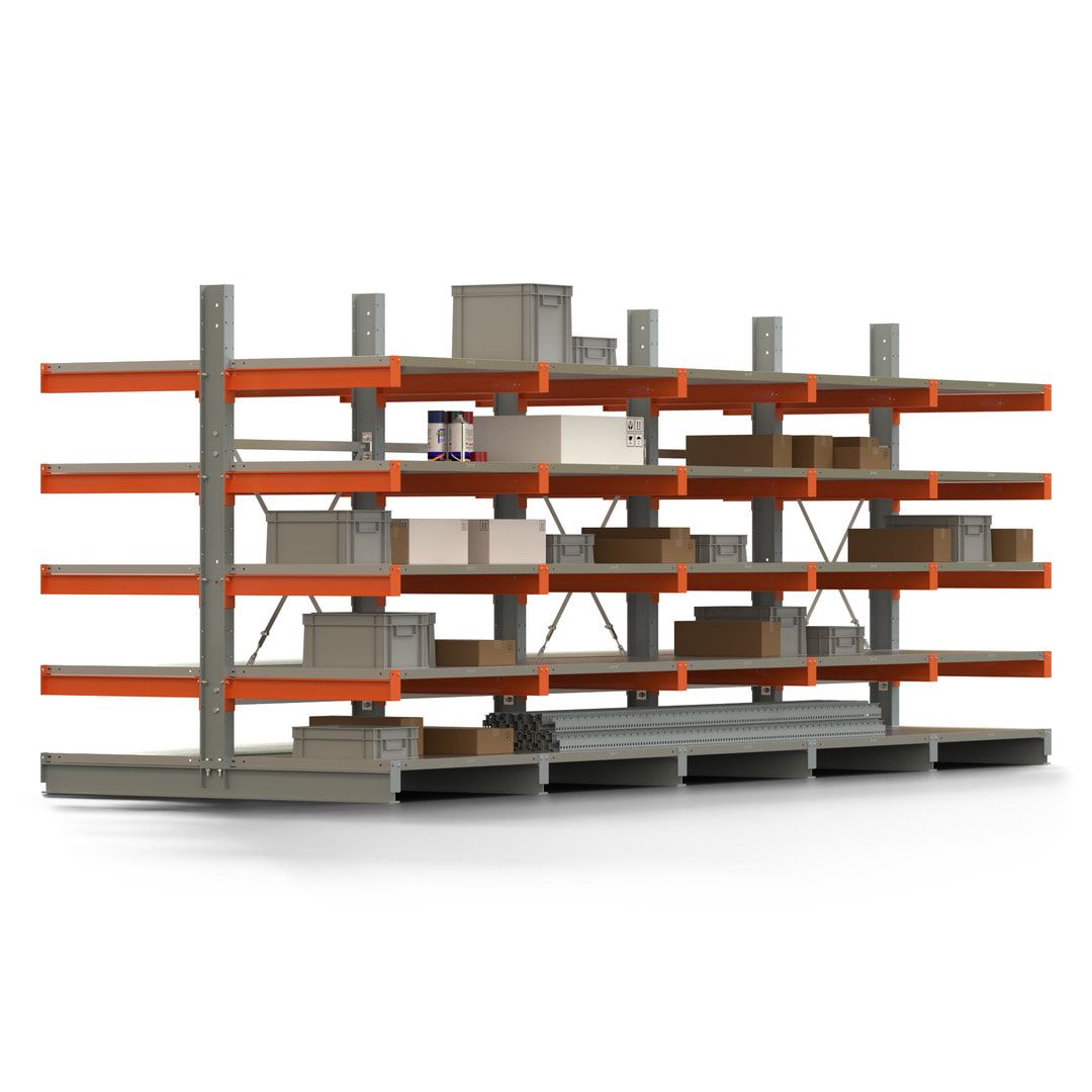 Doppelseitiges Kragarmregal mit Fachböden, 2 Felder, 2.000 x 2.000 (HxB), Nutztiefe 1.000 mm, Kragarmlast 450 kg, KARL basic, silbergrau/reinorange