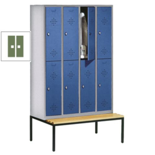 Garderobenschrank, Spind, 4 Abteile 8 Fächer, 2.090 x 1.190 x 815 mm (HxBxT), Hartholz Sitzbank untergebaut, Korpus anthrazitgrau, Türen anthrazitgrau