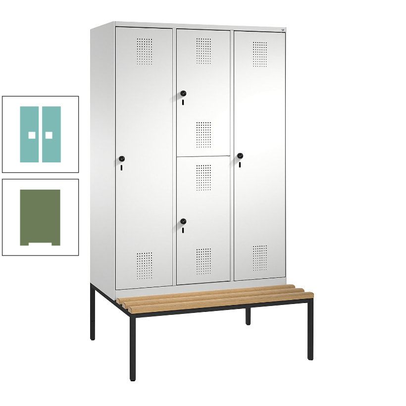Garderobenschrank, Spind ein- und doppelstöckig Sitzbank, 3 Abteile, 4 Fächer, 2.090x1.200x500 mm (HxBxT), Front anthrazitgrau, Korpus anthrazitgrau