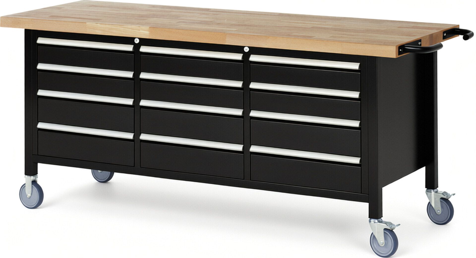 Mobile Werkbank, 12 Schubladen - Teilauszug - 120:6 / 150:6 - Höhe 880-1.080 mm - 2.000 x 700 mm - 450 kg - Buche - Anthrazitgrau