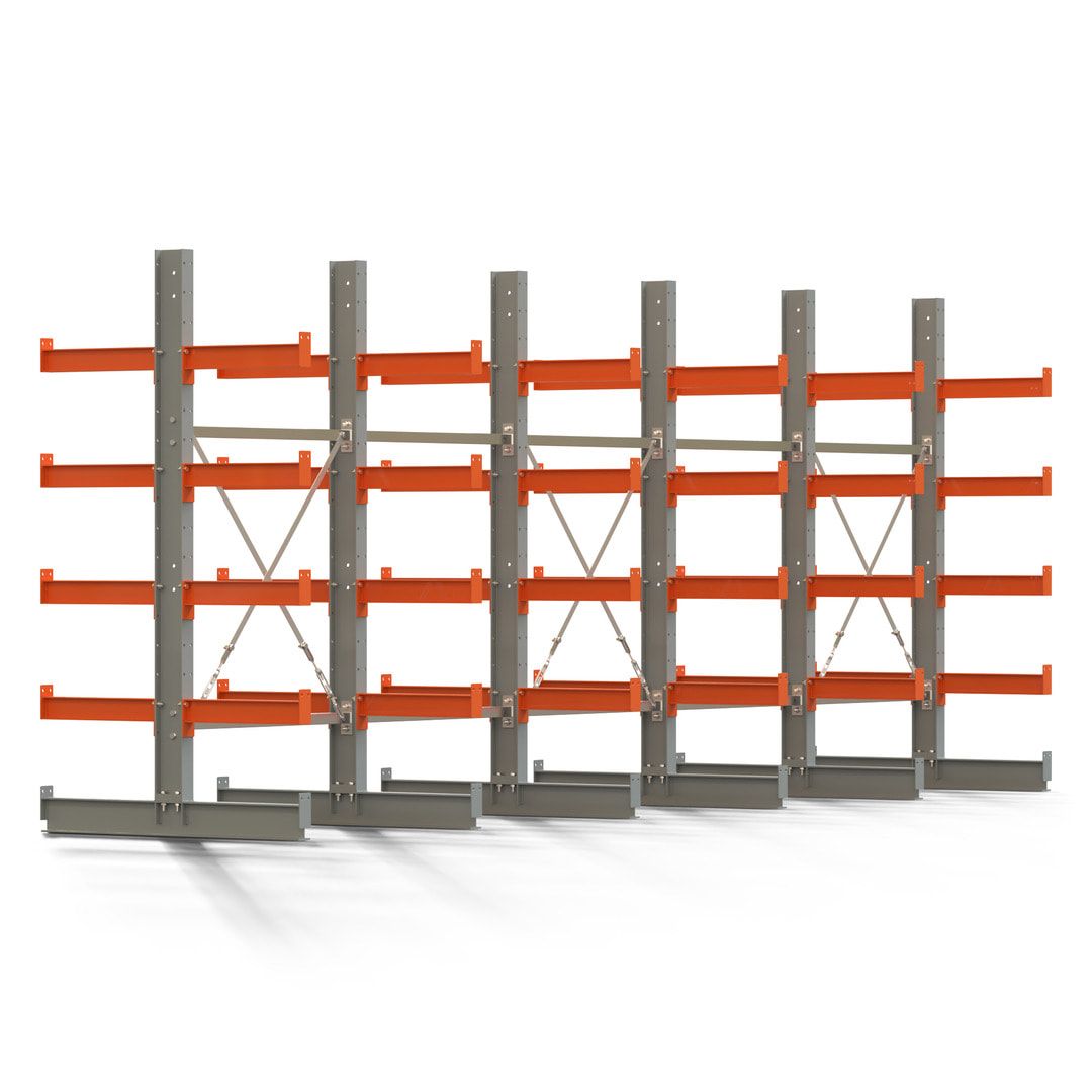Doppelseitiges Kragarmregal, 2 Felder, 2.000 x 2.000 x 1.120 mm (HxBxT), Nutztiefe 500 mm, Kragarmlast 870 kg, KARL basic, silbergrau/reinorange