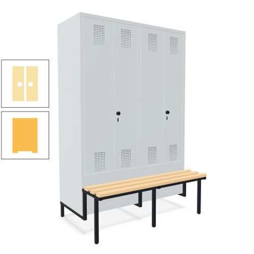 Doppel-Spind, Garderobenschrank, Buche Sitzbank integriert, 4 Abteile 300 mm, Korpus anthrazitgrau, Tür anthrazitgrau, 1.850 x 1.200 x 815 mm (HxBxT)