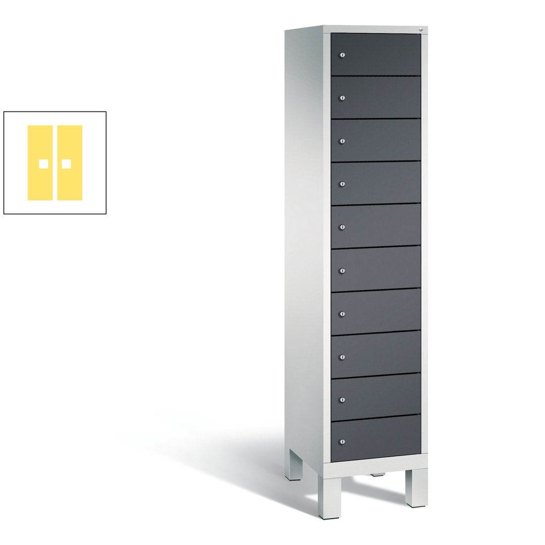 Laptopschrank, Tabletschrank, Computerschrank auf Füßen, 10 Fächer, 1.850 x 420 x 500 mm (HxBxT), Korpus gelborange, Tür anthrazitgrau