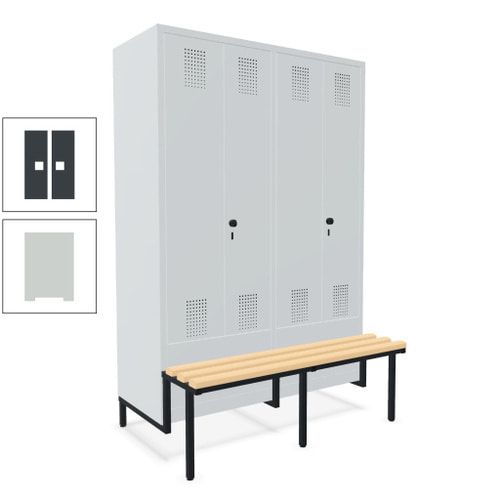 Doppel-Spind, Garderobenschrank, Buche Sitzbank integriert, 4 Abteile 300 mm, Korpus anthrazitgrau, Tür anthrazitgrau, 1.850 x 1.200 x 815 mm (HxBxT)