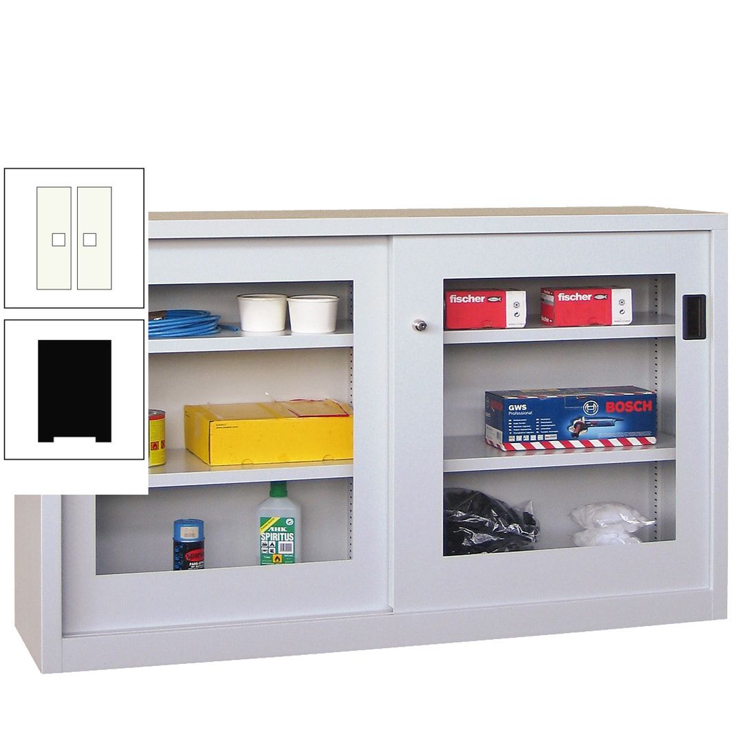 Schiebetürenschrank - Sichtfenstertüren - 1.000x1.500x600 mm (HxBxT) - 4 Böden, verzinkt - Zylinderschloss - anthrazitgrau
