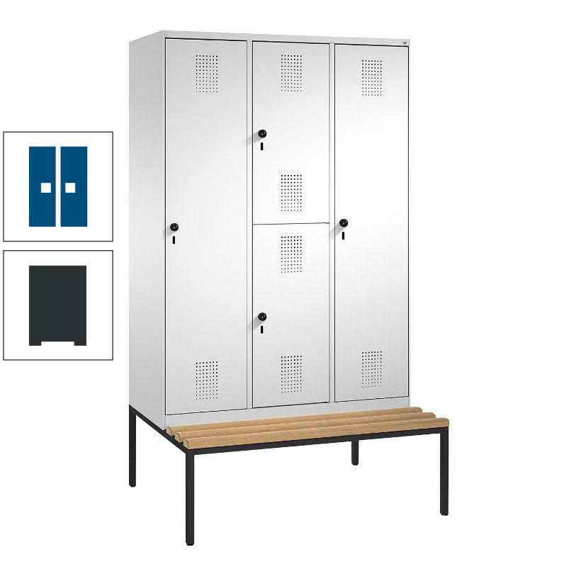 Garderobenschrank, Spind ein- und doppelstöckig Sitzbank, 3 Abteile, 4 Fächer, 2.090x1.200x500 mm (HxBxT), Front anthrazitgrau, Korpus anthrazitgrau