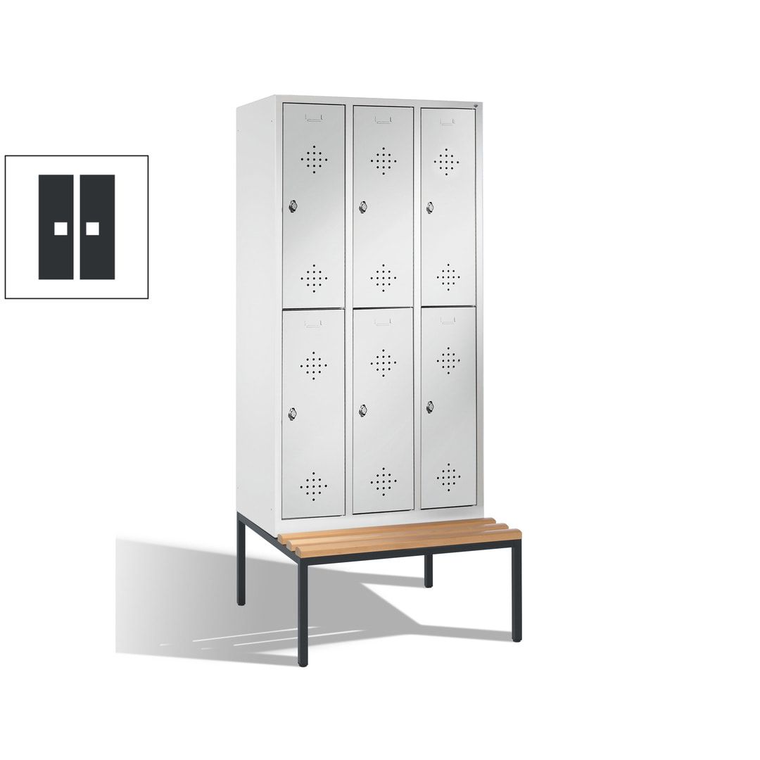 Garderobenschrank, Spind, 3 Abteile 6 Fächer, 2.090 x 1.200 x 815 mm (HxBxT), Hartholz Sitzbank untergebaut, Korpus anthrazitgrau, Türen anthrazitgrau