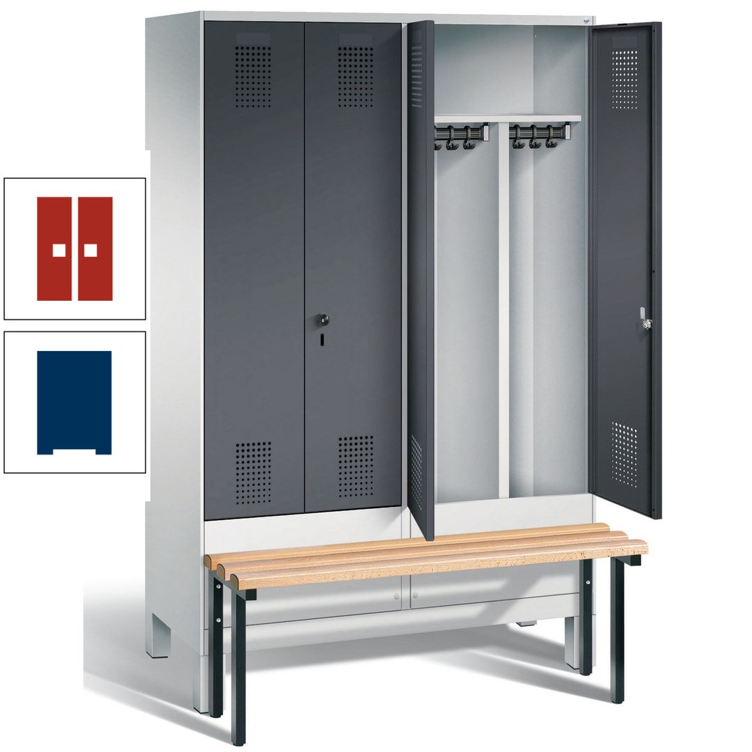 Doppel-Spind, Garderobenschrank, Buche Sitzbank vorgebaut, 4 Abteile a 300 mm, Korpus feuerrot, Tür Wasserblau, 1.850 x 1.200 x 815 mm (HxBxT)
