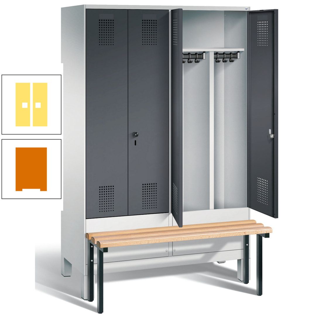Doppel-Spind, Garderobenschrank, Buche Sitzbank vorgebaut, 4 Abteile a 300 mm, Korpus feuerrot, Tür Wasserblau, 1.850 x 1.200 x 815 mm (HxBxT)