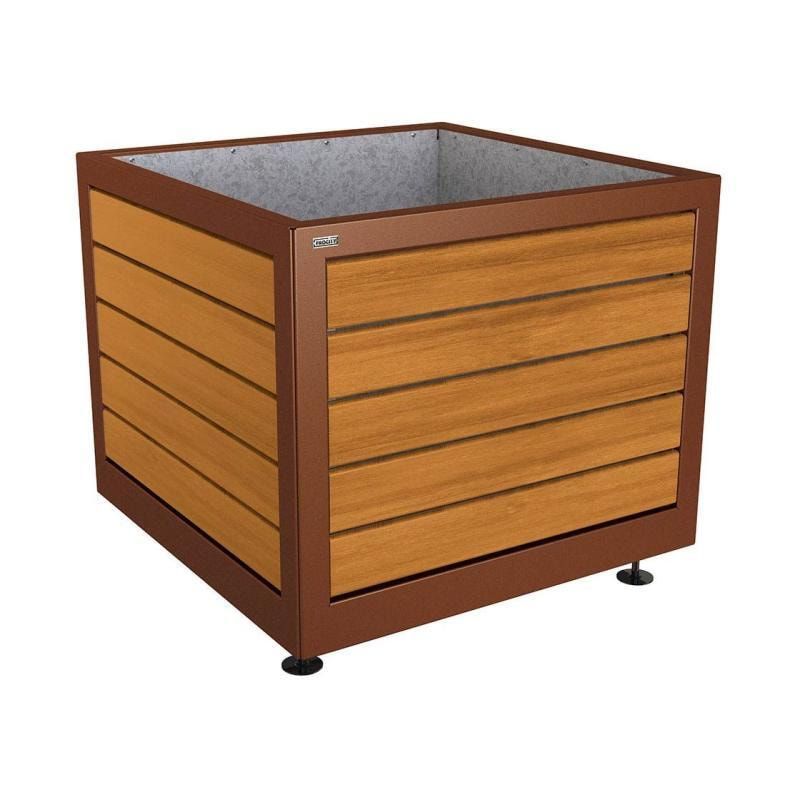 Pflanzbehälter, Stahl und Holz, verstellbare Füße, Innenverkleidung feuerverzinkt, 800 x 1.000 x 1.000 mm (HxBxT), Farbe enzianblau