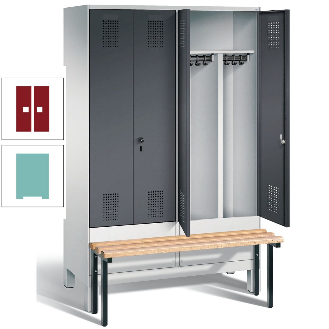 Doppel-Spind, Garderobenschrank, Buche Sitzbank vorgebaut, 4 Abteile a 300 mm, Korpus feuerrot, Tür Wasserblau, 1.850 x 1.200 x 815 mm (HxBxT)