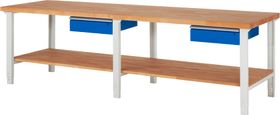 Werkbank mit Ablage - 2 Schubladen - 150:2 - höhenverstellbar 790 - 1.140 mm - 3.000 x 900 mm (BxT) - 750 kg - Buche - Farbe wählbar