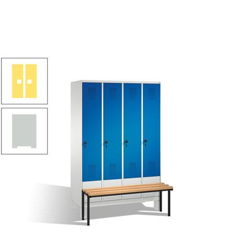 Stahl-Garderobenschrank, Spind, Buche Sitzbank vorgebaut, 4 Abteile a 300 mm, Korpus Lichtgrün, Tür Schwefelgelb, 1.850 x 1.200 x 815 mm (HxBxT)