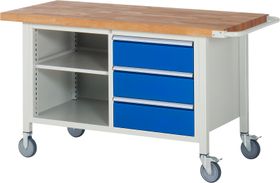 Mobile Werkbank, 2 Ablageböden - 3 Schubladen - Teilauszug - 180:3 - Höhe 880-1.080 mm - 1.500 x 700 mm - 450 kg - Farbe wählbar