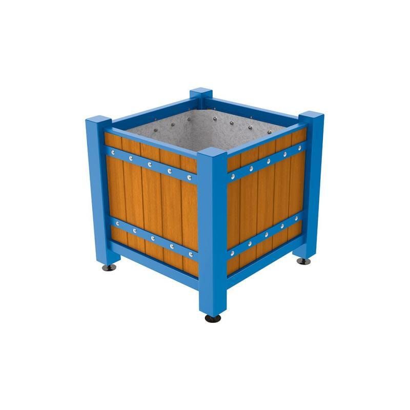 Pflanzbehälter, Pflanzgefäß, verzinkt, Eichenholzverkleidung, innen feuerverzinkt mit Verladungsgriffen , 855 x 880 x 880 mm(HxBxT), enzianblau