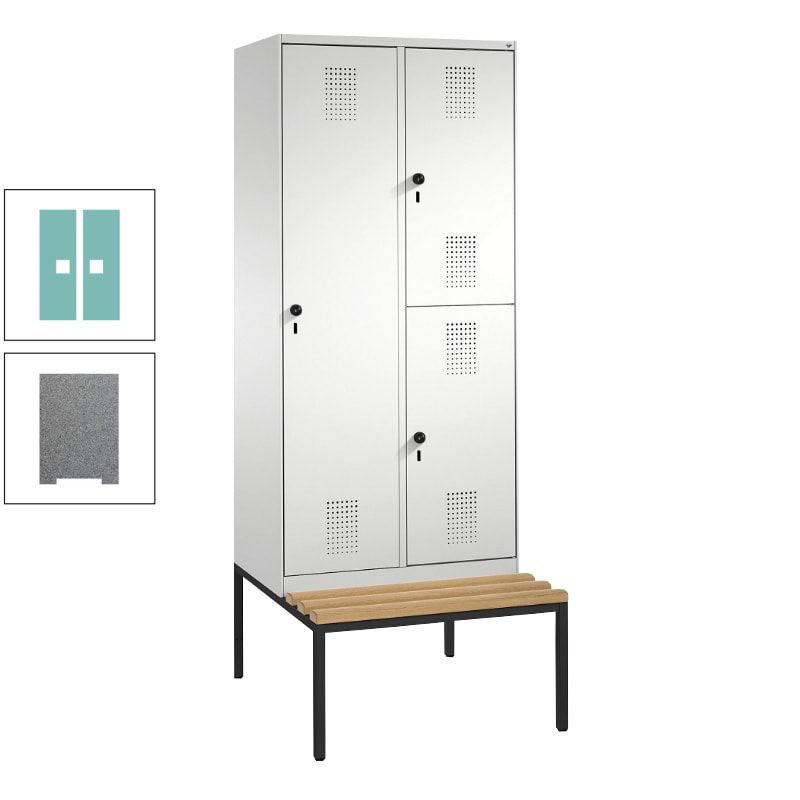 Garderobenschrank, Spind ein- und doppelstöckig Sitzbank, 2 Abteile, 3 Fächer, 2.090 x 800 x 500 mm (HxBxT), Front anthrazitgrau, Korpus anthrazitgrau