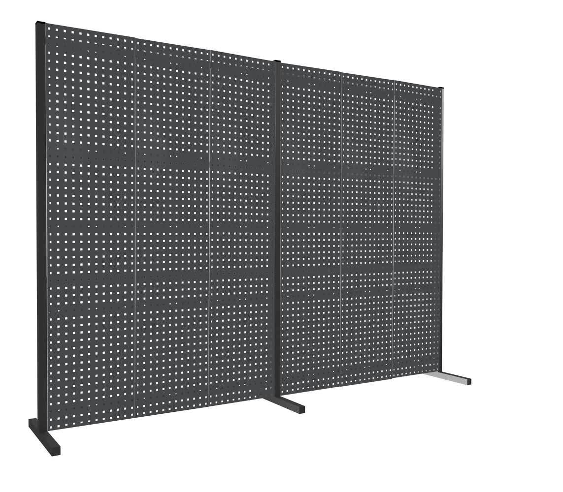 Modulare Trennwand, Werkzeugwand, Doppelfeld 180 Grad, 6 Lochplatten, Plattenhöhe 1.500 mm, 2.000 x 3.000 mm (HxB), Anthrazitgrau (RAL 7016)