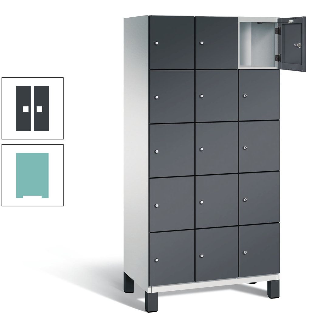 Fächerschrank, Stahlschrank, 15 Fächer, Türöffnungsbegrenzer, Füße, 1.980 x 900 x 525 mm (HxBxT), Korpus anthrazitgrau, Front anthrazitgrau