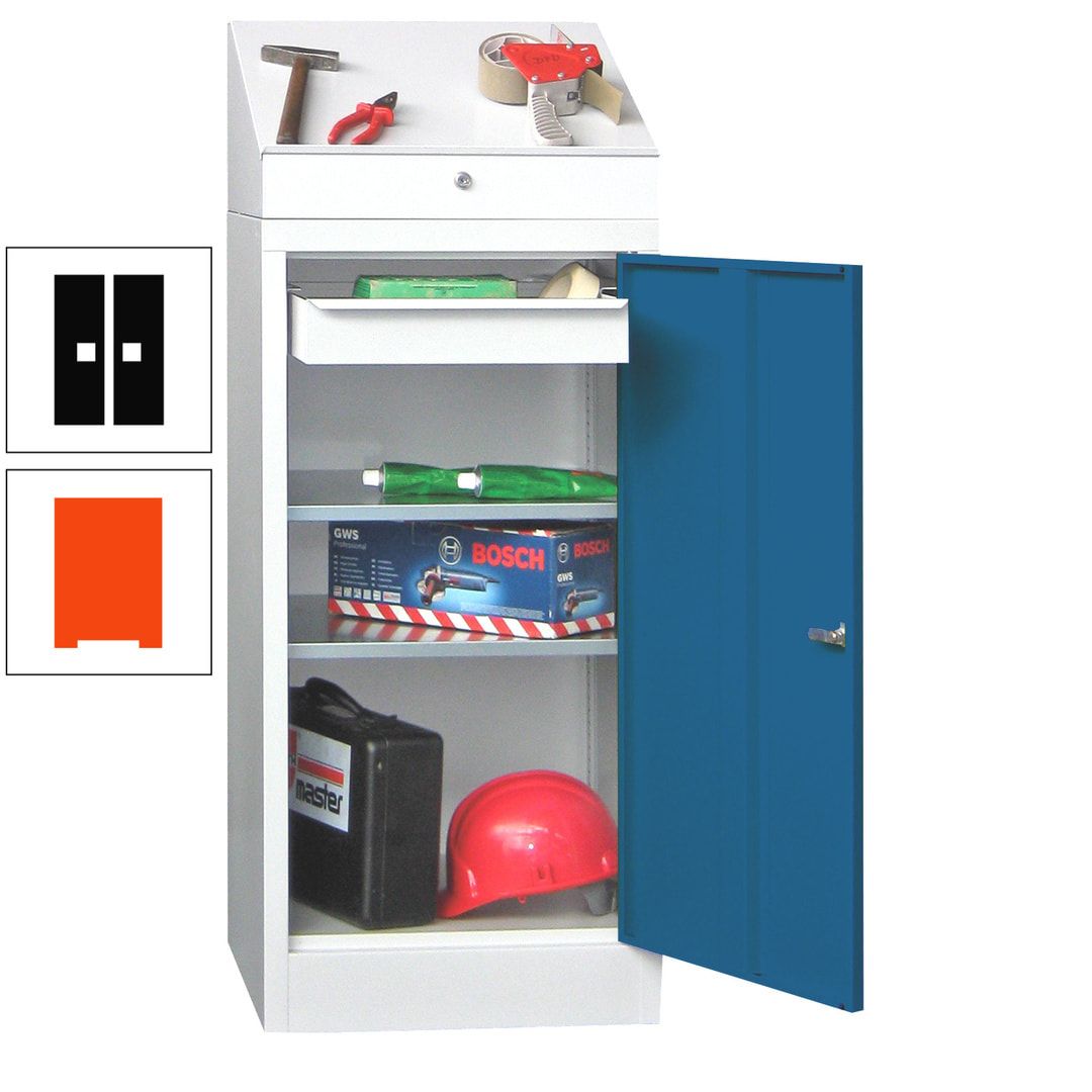 Stehpult mit Schrank - Vollblechtür - 1 Einlegeboden, 1 Ausziehboden, 1 Schublade - 1.270x500x500 mm (HxBxT) - anthrazitgrau