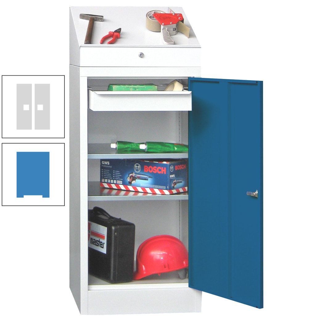Stehpult mit Schrank - Vollblechtür - 1 Einlegeboden, 1 Ausziehboden, 1 Schublade - 1.270x500x500 mm (HxBxT) - anthrazitgrau