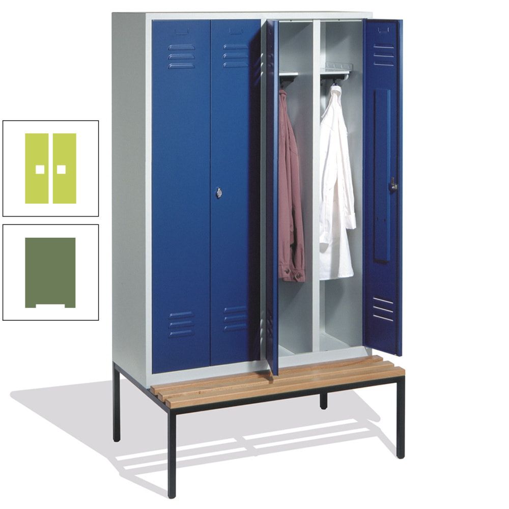 Doppel-Spindschrank, Buche Sitzbank untergebaut, 4 Abteile a 300 mm, Korpus lichtgrau, Tür anthrazitgrau, 2.090 x 1.190 x 815 mm (HxBxT)