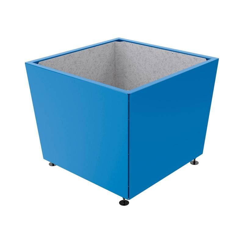 Pflanzkübel, 2 mm Stahlblech fvz, innen Blech feuerverzinkt mit Verladungsgriffen, verstellbare Füße, 760 x 785 x 785 mm (HxBxT), enzianblau