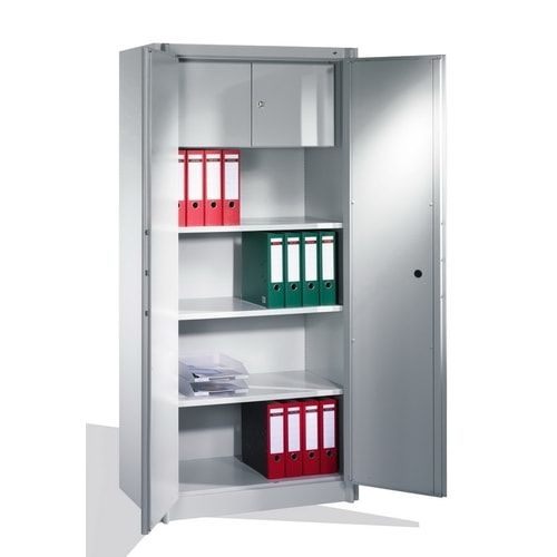 Feuergeschützter Aktenschrank, Klasse A1, 3 Fachböden und Schließfach einflügelig, Farbe schwarzgrau, 1.950 x 930 x 500 mm (HxBxT)