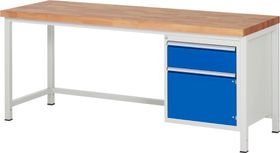 Werkbank, 1 Schrank - 1 Schublade - Teilauszug - 180:1 - Höhe 840-1.040 mm - 2.000 x 700 mm - 1.250 kg - Buche - Farbe wählbar