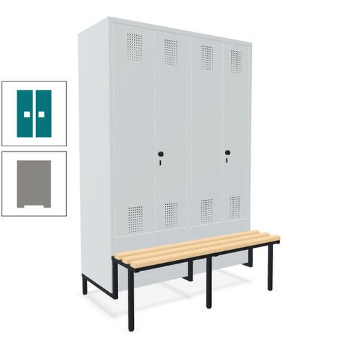 Doppel-Spind, Garderobenschrank, Buche Sitzbank integriert, 4 Abteile 300 mm, Korpus anthrazitgrau, Tür anthrazitgrau, 1.850 x 1.200 x 815 mm (HxBxT)