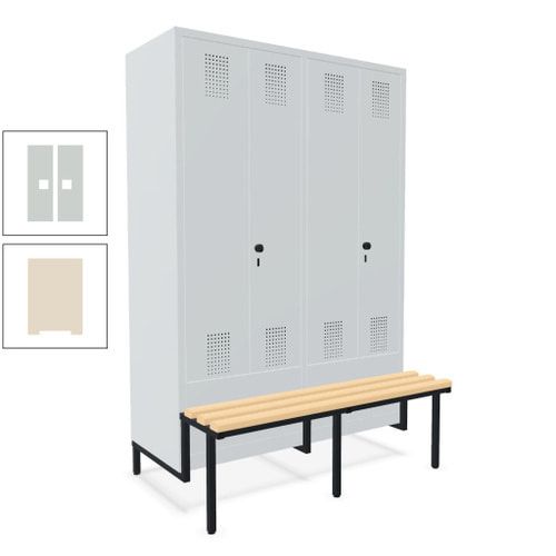 Doppel-Spind, Garderobenschrank, Buche Sitzbank integriert, 4 Abteile 300 mm, Korpus anthrazitgrau, Tür anthrazitgrau, 1.850 x 1.200 x 815 mm (HxBxT)