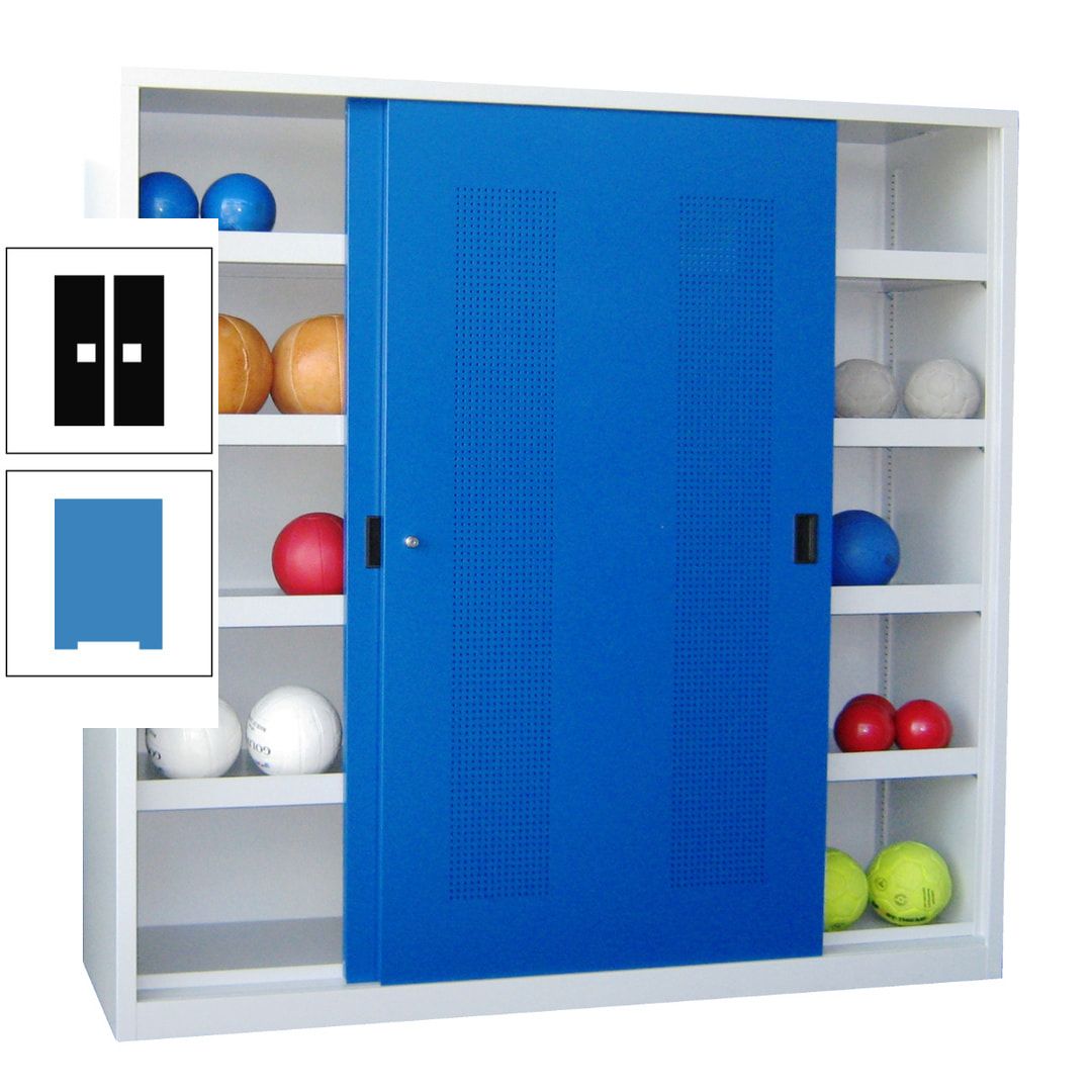 Ballschrank - Schiebetüren mit Lochfeld - Trennwand - 8 Böden - 1.950x2.000x600 mm (HxBxT) - anthrazitgrau